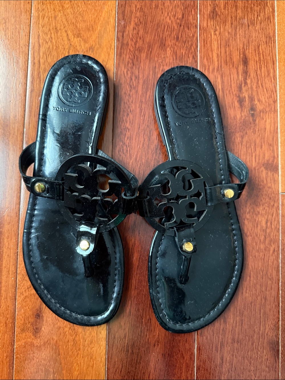 Tory Burch Black Patent Miller Logo Thong Sandals with Gold Studs